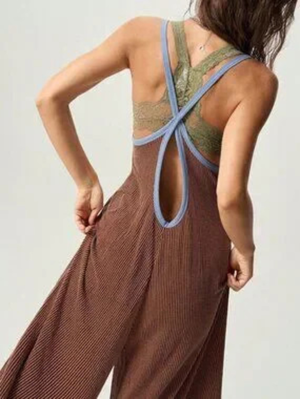 Chocolate Brown Sexy Women's Casual Knit Colorblock Jumpsuit